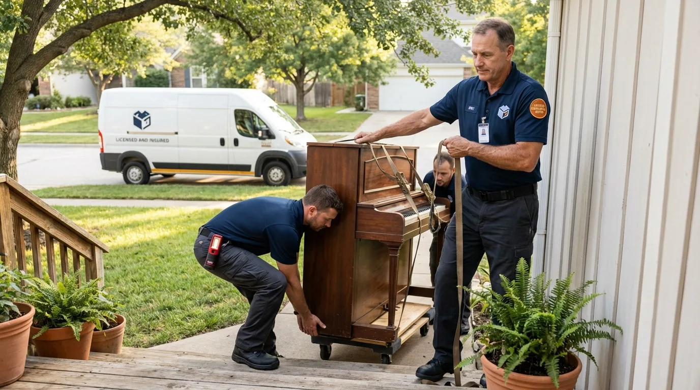 Licensed piano movers securing grand piano in Aledo, IL
