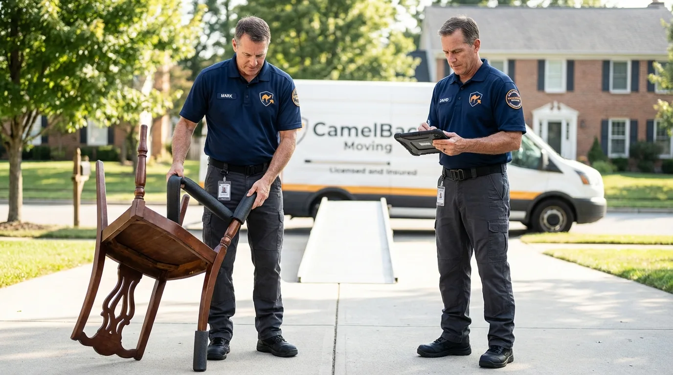 Movers inspecting furniture for damage prevention before loading in Aledo, IL
