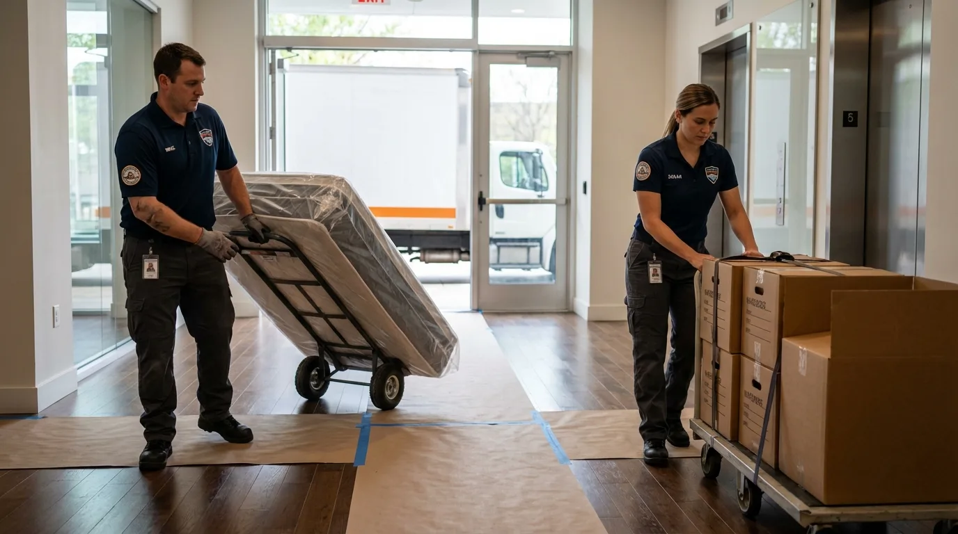 Professional apartment movers loading elevator in Aledo, IL